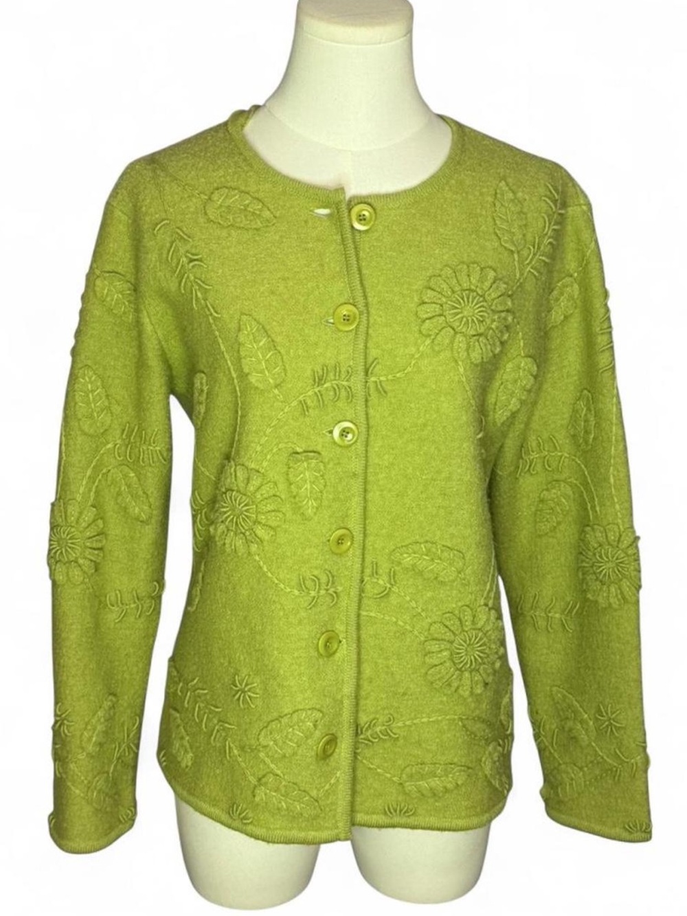 vintage Talbots petite lime green boiled wool cardigan jacket 🌿🍐